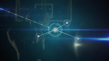 Basketbol potası arka planı üzerinden bağlantılar ve veri işleme animasyonu ağı. Teknoloji, dijital, bağlantı, yenilik, analiz, spor