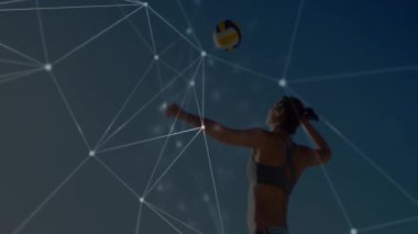 Kumsalda dikilen kişi üzerinde bağlantı ve veri işleme animasyonu ağı. Teknoloji, ağ oluşturma, dijital, iletişim, fütüristik, bağlantı