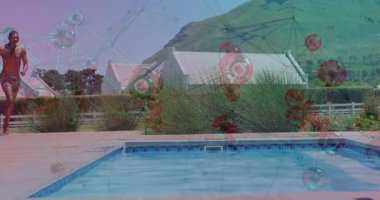 Dijital ağ animasyonu ile yüzme havuzuna doğru koşan adam. Fitness, teknoloji, bağlantı, iletişim, atlet