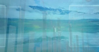 Finansal veri tabloları ve grafikleri dağlarla dolu huzurlu bir manzaranın üzerinde. Finans, analitik, yatırım, ekonomi, görselleştirme, teknoloji