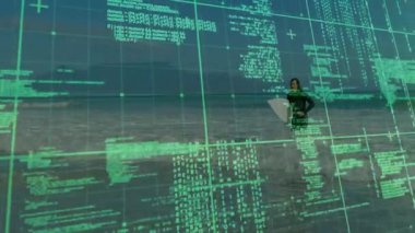 Sahilde yürümek, dijital kodlu animasyon sahnesi olan biri. Teknoloji, siber güvenlik, yenilik, sanal, fütüristik, veri