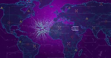 Veri işleme elemanları ve animasyonda NFT metni olan dijital dünya haritası. Teknoloji, engelleme zinciri, analitik, kripto para birimi, yenilik, bilgi