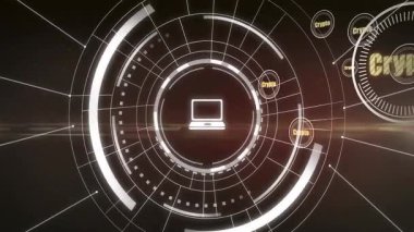 Kripto metin ve bilgisayar ikonu dairesel tasarım ve fütüristik animasyon. Kripto para birimi, engelleme zinciri, teknoloji, dijital, finans, sanal