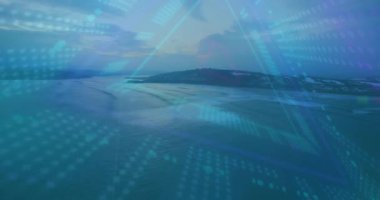 Dijital veri işleme animasyonu ile okyanus dalgaları ve ada manzarası. Doğa, kıyı şeridi, teknoloji, yenilik, analitik