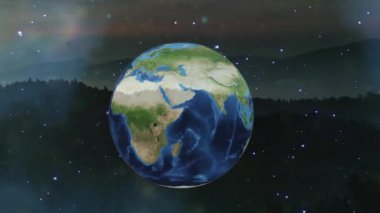 Dünya yıldızlarla ve uzak dağların animasyonuyla uzayda dönüyor. Evren, galaksi, evren, gök, astronomi, yörünge