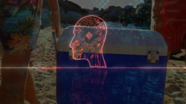 Neon beyin animasyonu kumlu sahilde serinleticinin yanında duran insanların üzerinde. Teknoloji, yenilik, yaratıcılık, yaz, kavramsal, dijital