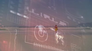 Sahilde dijital veri işleme animasyon örtüsüyle yürüyen kişi. Teknoloji, yenilik, görselleştirme, fütüristik