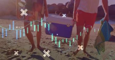 Kumsalda yürürken, çantaları olan insanlar renkli arıza animasyonlarıyla çevrili. Tatil, coşku, seyahat, yaz, gerçeküstü, dijital