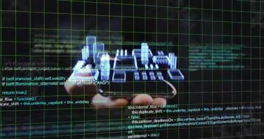 Sanal şehir modeli tutuluyor, dijital şebeke üzerinde animasyon ile el ele. Teknoloji, yenilik, fütüristik, sanal, hologram, şehir manzarası