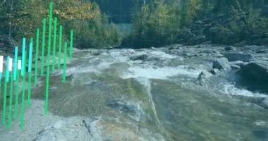 Doğadaki akan nehrin üzerinde grafikler ve veri canlandırma animasyonu. analitik, teknoloji, çevre, ekosistem