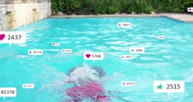 Havuzda yüzmek, sosyal medya tebligatları ile animasyon örtüşen kişi. Boş zaman, teknoloji, dijital, rahatlama, bağlantı