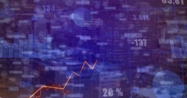 Şehir manzarası üzerinde yüzdeler ve verilerle birlikte finansal grafiğin canlandırılması. Finans, büyüme, istatistik, ekonomi, analitik, iş