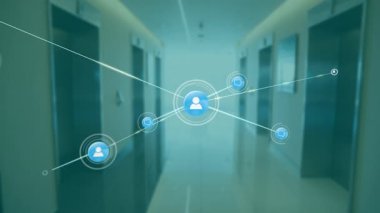 Ofis koridorundaki bağlantı ağı ve veri işleme animasyonu. Teknoloji, ağ, dijital, iletişim, iş, yenilik