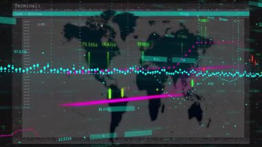 Dünya haritası animasyonu üzerinde küresel finansal veriler ve borsa analizi. Finans, ekonomi, yatırım, teknoloji, ticaret, iş