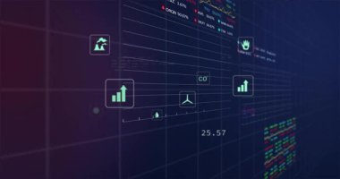 Arkaplanda bilimsel semboller bulunan dijital veri ve grafiklerin animasyonu. teknoloji, analiz, bilgi, fütüristik, yenilik, ağ