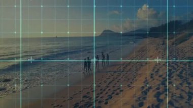 Sahilde yürümek, okyanusu ve dağları kaplayan animasyonları olan insanlar. Peyzaj, dijital, fantezi, tatil, sükunet, macera