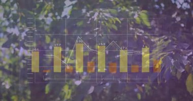 Yeşillik yeşillik arka planında çizgi çizelgesi animasyonu. İstatistikler, analitikler, büyüme, ekoloji, sürdürülebilirlik, yenilik