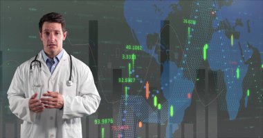 Erkek doktorun portresi üzerine kaydedilmiş istatistik kaydı. küresel koronavirüs salgını konsepti dijital olarak oluşturulmuş görüntü.