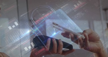 Ödeme terminalini kullanan insanların ağ güvenliğinin resmi. küresel iletişim ve veri güvenliği konsepti dijital olarak oluşturulmuş görüntü.