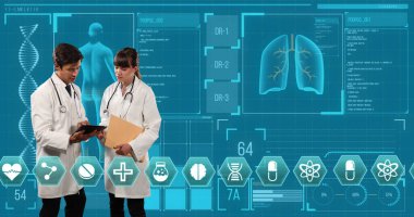 Kafkas erkek ve kadın doktor tıbbi veri işleme karşı birbirlerini tutuyorlar. tıbbi araştırma ve teknoloji konsepti