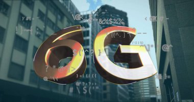Veri işleme ve şehir manzarası üzerinde 6G metin resmi. küresel iletişim teknolojisi konsepti dijital olarak oluşturulmuş görüntü.