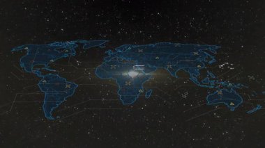 Afrika 'yı veri noktaları ve bağlantılarla aydınlatan dijital dünya haritasını gösteren animasyon. Küresel, ağ, teknoloji, bağlantı, yenilik, görselleştirme