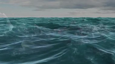 Bulutlu gökyüzünün altında geometrik desenleri olan sert okyanus dalgalarının animasyonu. Soyut, dijital, fırtınalı, atmosferik, dinamik, akışkan