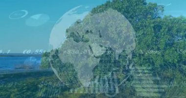 Küre ve finansal veri animasyonu deniz yoluyla yemyeşil arazi üzerinde. Finans, çevre, teknoloji, sürdürülebilirlik, yenilik, analitik