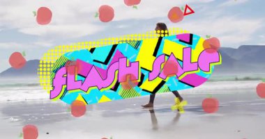 Sahilde renkli grafiklerle yürüyen birinin anlık kısa mesaj animasyonu. Promosyon, pazarlama, indirim, alışveriş, dijital, üst üste