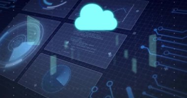 Veri analizi ve ağ bağlantıları üzerinde dijital bulut ve aygıt simgeleri. Teknoloji, bulut hesaplama, bağlantı, yenilik, fütüristik, internet