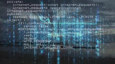 Soyut mavi ışık desenleri üzerinden dijital kod ve veri işleme animasyonu. Teknoloji, ağ, fütüristik, bilgi