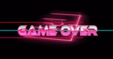 Neon Pembe Oyun bitti metni gelecekteki şebeke arka planında animasyonla parlıyor. oyun, dijital, retro, soyut, siber, sanal