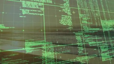 Teknoloji ve doğayı harmanlamak, okyanus manzarası üzerinde yeşil dijital kodun animasyonu. yenilik, fütüristik, bütünleşme, uyum, çevre