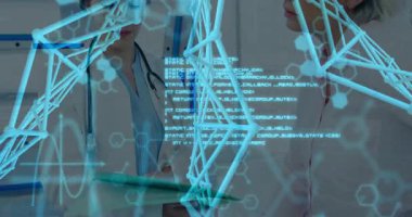 Tıbbi uzmanlar dijital DNA ve veri ile animasyonu tartışıyor. Sağlık, teknoloji, biyoteknoloji, yenilik, bilim, fütüristik