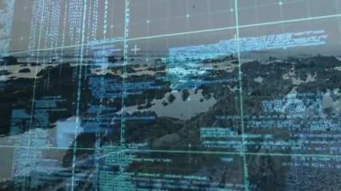 Okuldaki kayalık kıyı manzarasıyla ilgili dijital verileri kaplayan kodlama animasyonu. Teknoloji, eğitim, fütürist