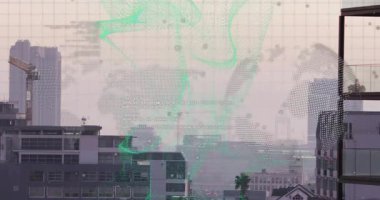 Şehir manzarasını binalarla kaplayan dijital veri görselleştirmesinin animasyonu. Teknoloji, yenilik, analitik, fütürist, mimari