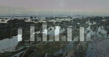 Kayalık kıyı manzarasında animasyon, grafik ve veri görselleştirmesi yapılıyor. Doğa, analitik, teknoloji, kıyı şeridi, bilgi, istatistik