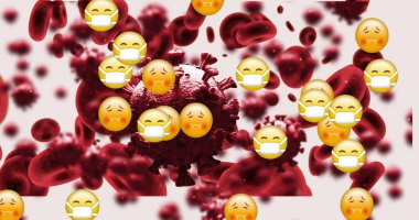 3D makro koronavirüs ve kırmızı kan hücrelerinin resmi pembe arka planda yüz maskesi takan emoji simgeleriyle. Küresel koronavirüs Covid 19 salgın konsepti dijital olarak oluşturulmuş görüntü.