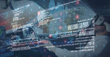 VR kulaklıklı adamın otomatik araba kullanarak görüntülediği bilgi görüntüsü. iletişim teknolojisi dijital arayüz kavramı, dijital olarak oluşturulmuş görüntü.