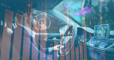 Otomatik araba kullanan bir adamın görüntüsü. iletişim teknolojisi dijital arayüz kavramı, dijital olarak oluşturulmuş görüntü.