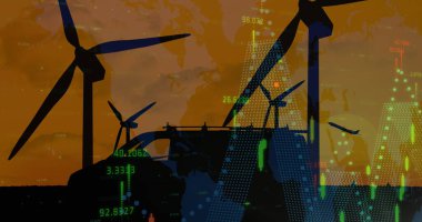 Rüzgâr türbinleri ve karton kutularla dağıtım yapan adamın veri işleme görüntüsü. küresel taşımacılık, ulaşım ve seyahat kavramı dijital olarak oluşturuldu.