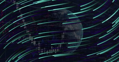 Yeşil ışık ve küreyi işleyen finansal veri görüntüsü. küresel iş, dijital arayüz, teknoloji ve ağ konsepti dijital olarak oluşturulmuş görüntü.