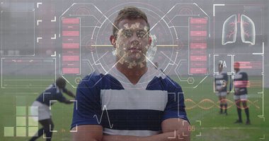 Rugby formalı sporcu, dijital sağlık verileriyle güvenle ayakta duruyor. Spor, fitness, teknoloji, güven, performans