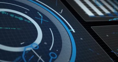 Animasyonda, verileri görselleştiren mavi desenli geleceksel dijital arayüz. Teknoloji, yenilik, bilim kurgu, görselleştirme