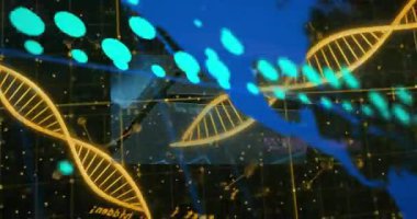İkili kodlama ile DNA dizilimi, bilimsel veri animasyonu devam ediyor. Genetik, biyoteknoloji, biyoenformatik, moleküler, veri analizi, DNA dizilimi