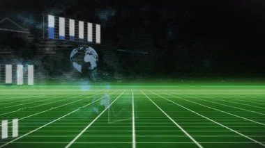 Yeşil şebeke arka planında dijital küre ve çubuk grafikli geleceksel animasyon. Teknoloji, yenilik, veri, analitik, görselleştirme, küresel