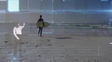 Küresel finansal verilerle ve dünya haritasıyla sahilde sörfçü animasyonu örtüyor. Sörf, finans, küreselleşme, teknoloji, okyanus, yatırım