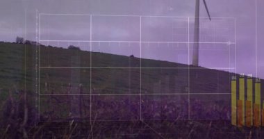 Tepedeki rüzgar türbini çubuk grafik ve veri ile animasyonu örtüyor. Yenilenebilir enerji, sürdürülebilirlik, çevre, temiz, güç