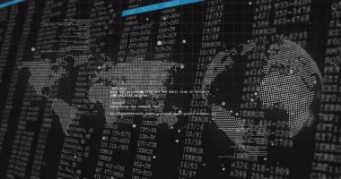 Finansal veri işleme animasyonu üzerine dijital dünya haritası ve hata kodları. Teknoloji, finans, analiz, siber güvenlik, küresel, ağ