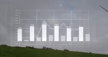 Rüzgar türbini, çimenli tepede bulutlu gökyüzünü kaplayan veri haritalarıyla güç üretiyor. Sürdürülebilir, enerji, yenilenebilir, teknoloji, çevre, rüzgar gücü